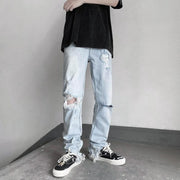 High street trend raw edge ripped jeans male ins tide thin section thin denim trousers