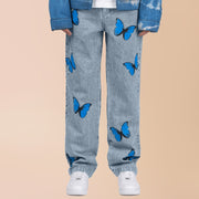 Street style casual butterfly print straight-leg jeans