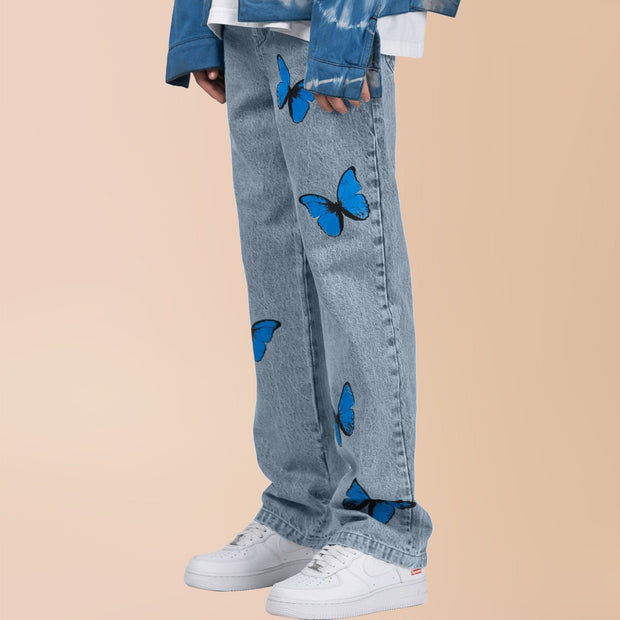 Street style casual butterfly print straight-leg jeans