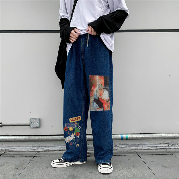 Street hip-hop graffiti print casual trousers jeans