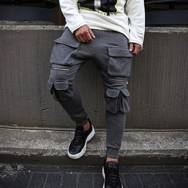 Multi pocket zipper hip hop fitness slim fashion casual sports trousers