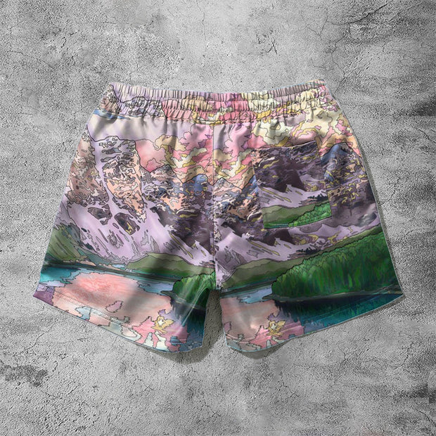 Literary style landscape painting print casual shorts