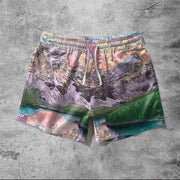 Literary style landscape painting print casual shorts
