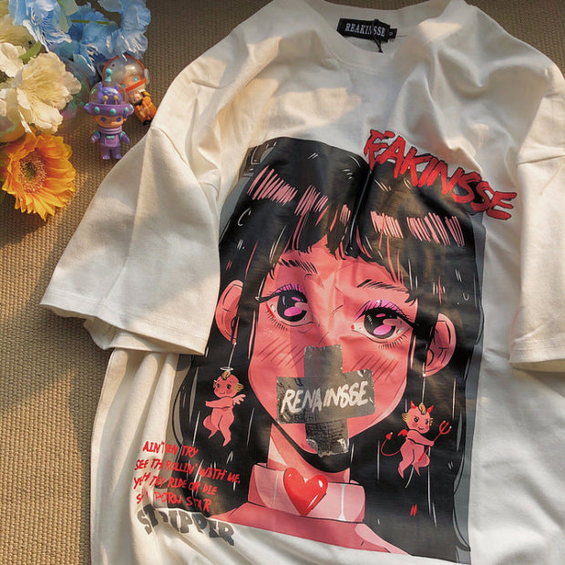 Street style cute anime print loose T-shirt