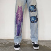 Retro street style hip-hop print denim trousers