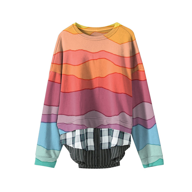 Rainbow print stitching plaid fake three-piece sweater