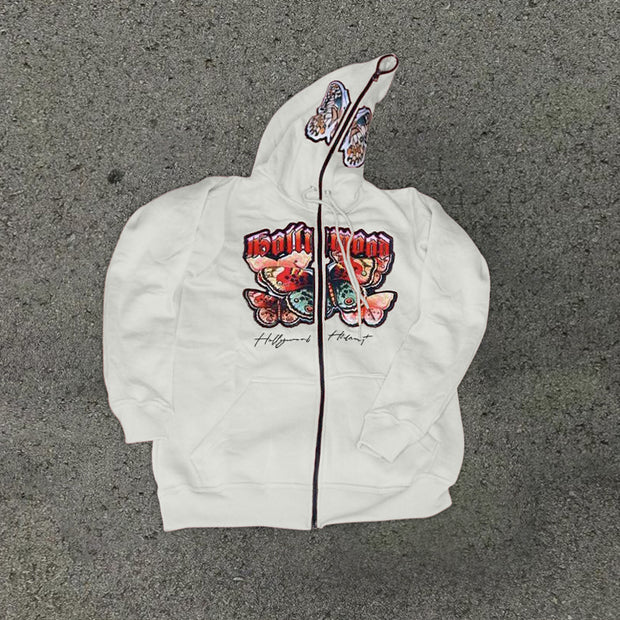 Personalized street style butterfly print zipper hoodie