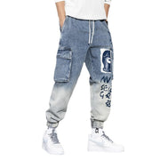 Multi-pocket tooling jeans men's trendy brand gradient trousers loose casual boys tie pants