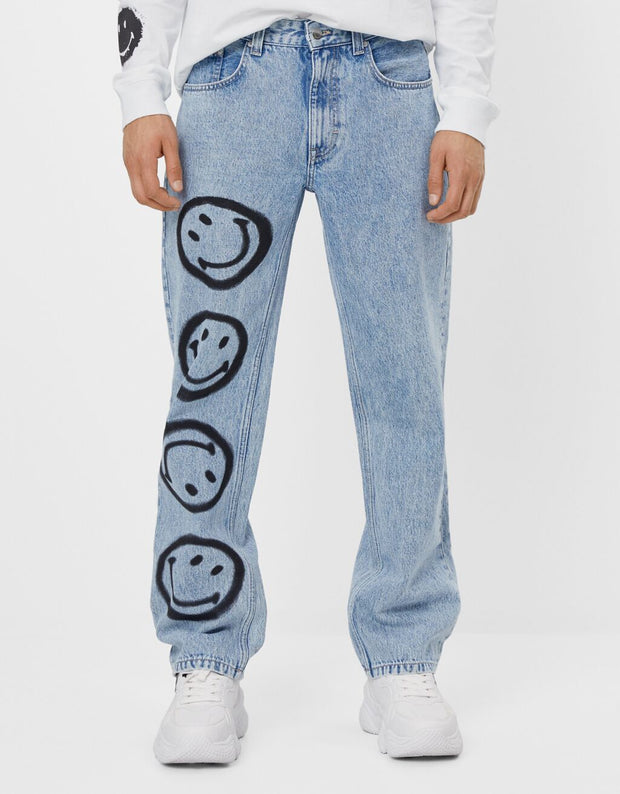 Fashion casual smiley inkjet print jeans