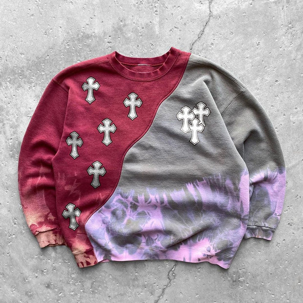 Fashion stitching contrast color cross print long-sleeved sweater