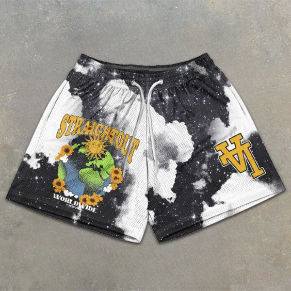 Earth graphic print tie-dye elastic shorts