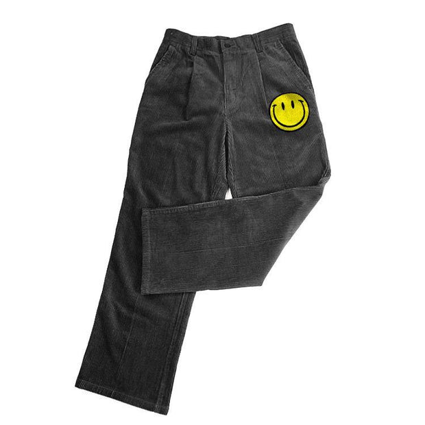 Smiley printed corduroy street retro straight-leg slim trousers
