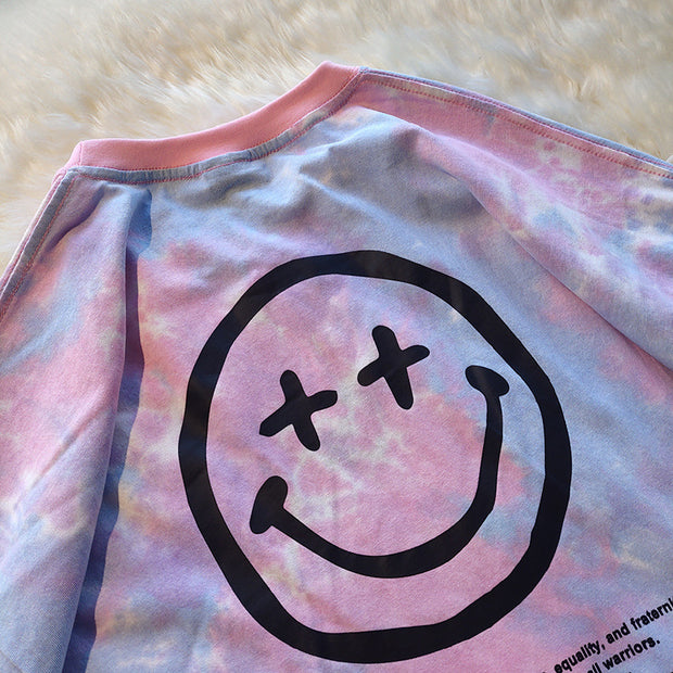 Tie-dye smiley face print trendy brand loose T-shirt