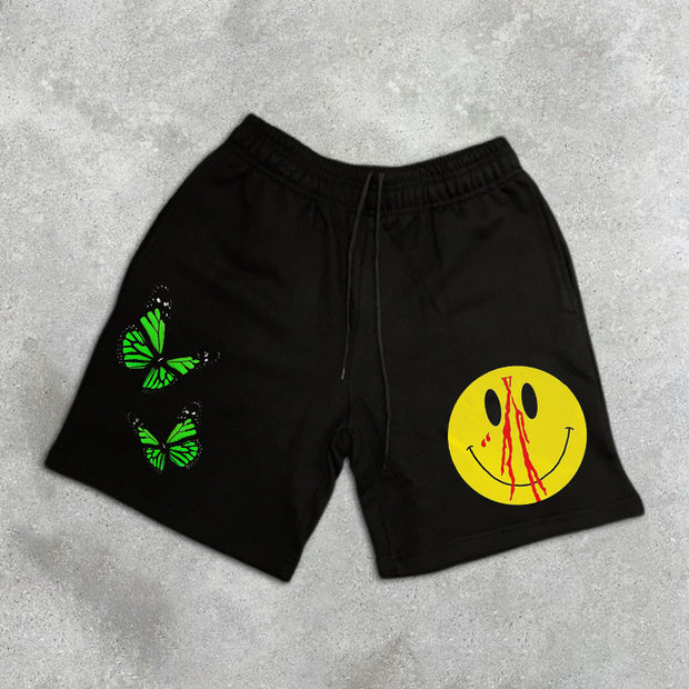 Smiley Butterfly Print Elastic Shorts