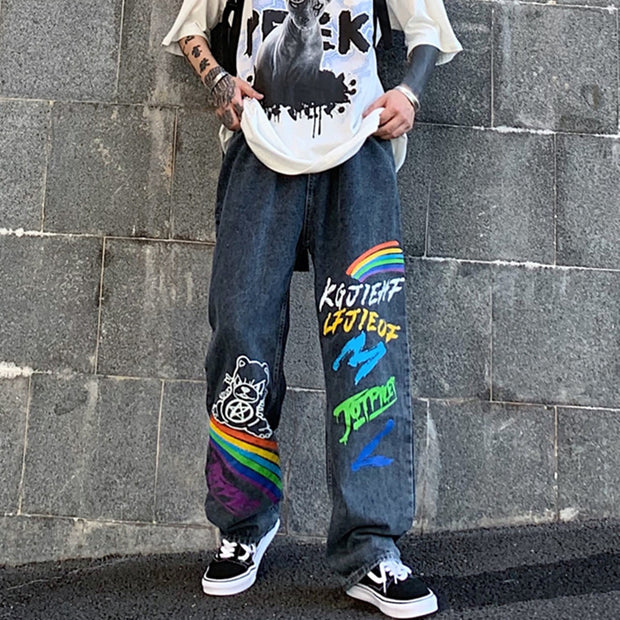 Graffiti rainbow letters printed jeans