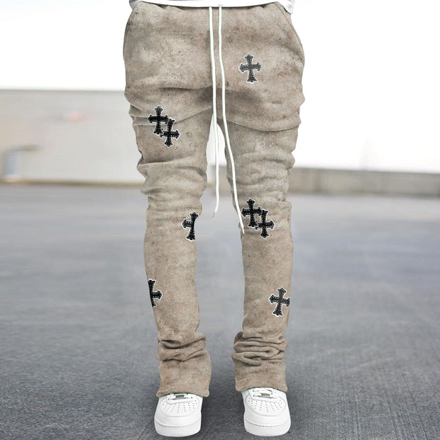 Vintage Washed Cross Print Slim Fit Trousers