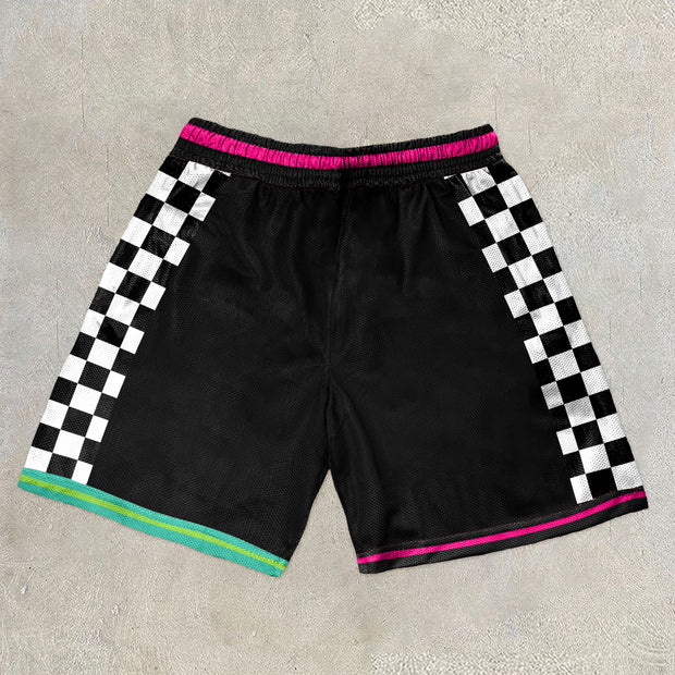 Trendy printed plaid mesh colorblock shorts