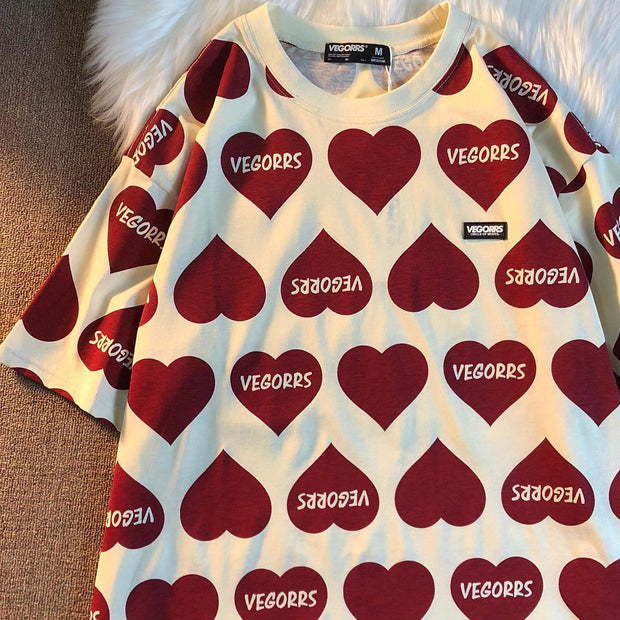 Loose full print love peach heart half-sleeved T-shirt