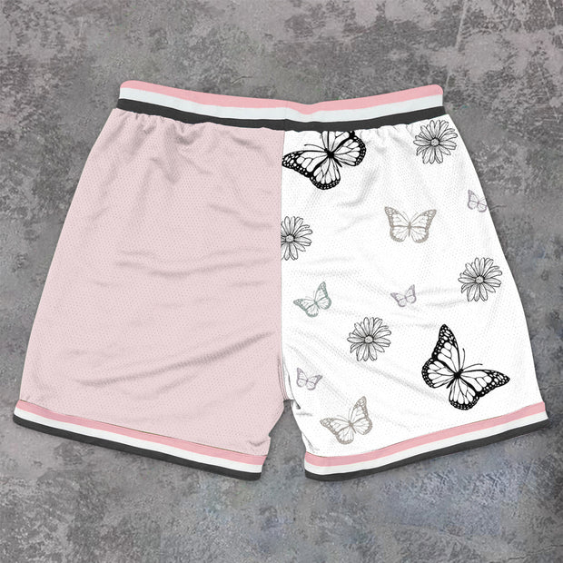 Contrast Color Casual Butterfly Sakura Mesh Shorts