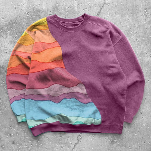 Rainbow Contrasting Retro Round Neck Long Sleeve Sweatshirt