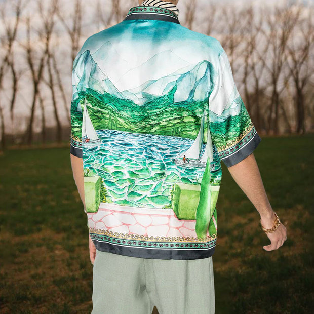 Landscape painting custom printed fashion short-sleeved shirt