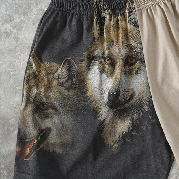 Casual retro wolf print colorblock men's shorts
