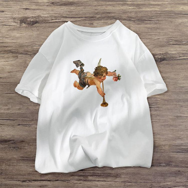 Angel print casual short-sleeved T-shirt