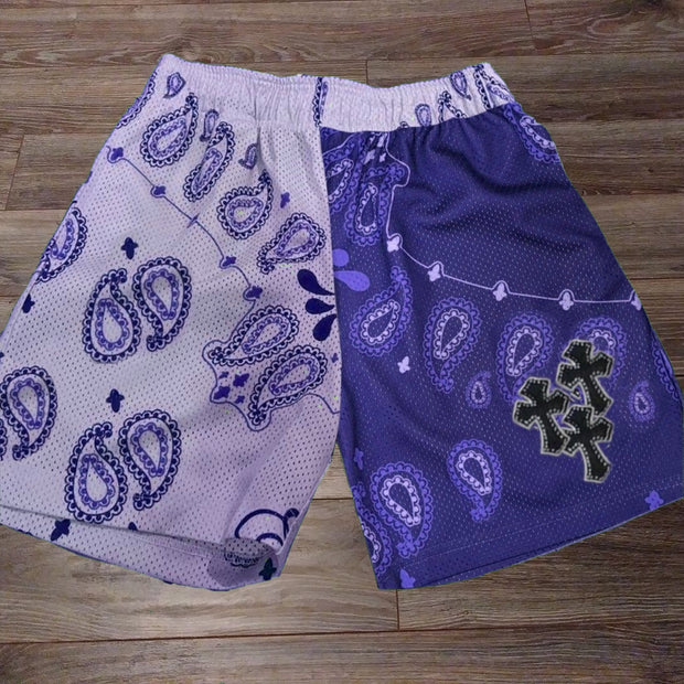 Stitching fashion blue cross print sports shorts