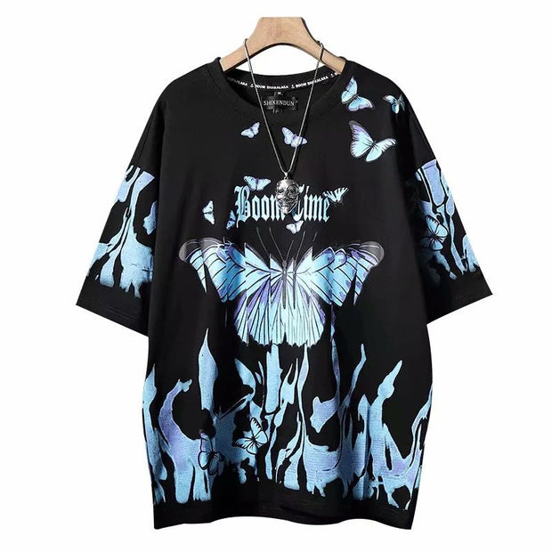 Butterfly digital print five-point short-sleeved t-shirt