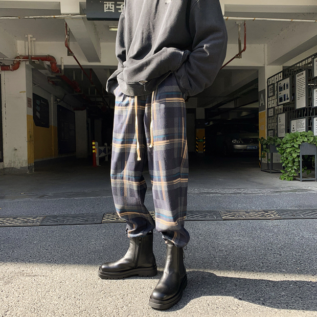 All-match Hong Kong-style casual loose-fit check pants