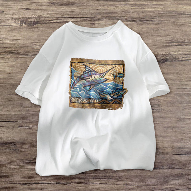 Retro sea fish print short-sleeved T-shirt