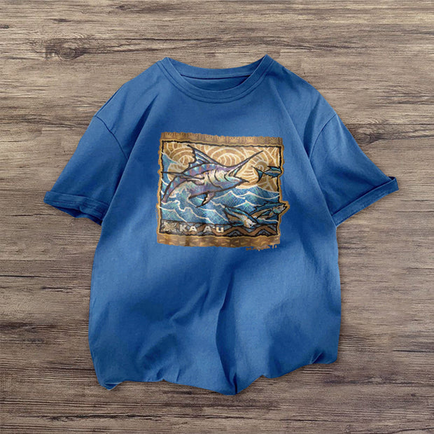 Retro sea fish print short-sleeved T-shirt