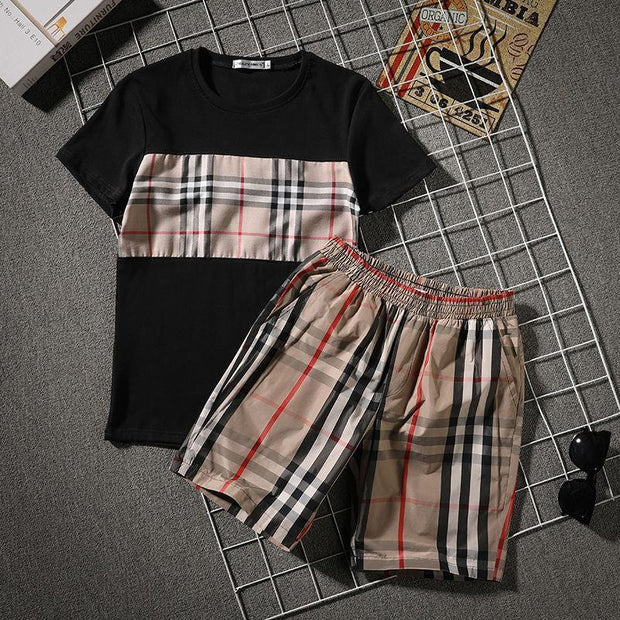 Street plaid try stitching trend shorts short-sleeved t-shirt suit