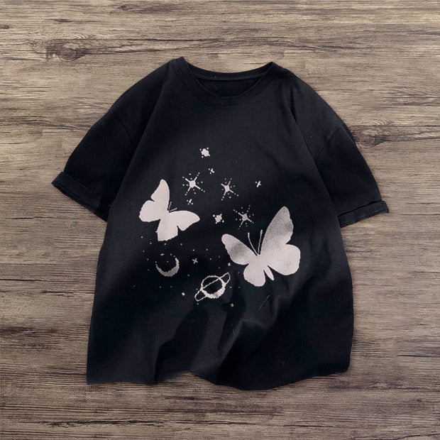Reflective luminous personality printed butterfly t-shirt loose short-sleeved couples