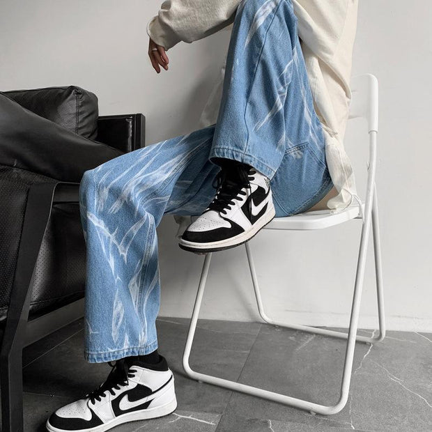 Black tie-dye jeans men's straight chic loose and handsome American oversize pants high street ins tide brand