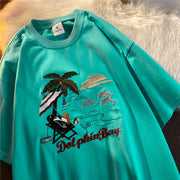 Coconut tree print American casual short-sleeved T-shirt