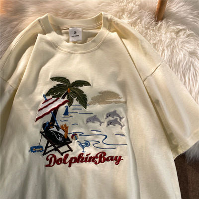 Coconut tree print American casual short-sleeved T-shirt