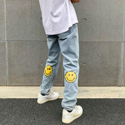 Smiley pattern street fashion casual loose jeans