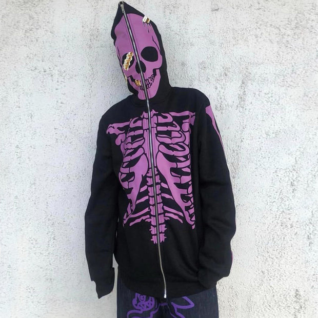 Personalized skull print long sleeve zip hoodie
