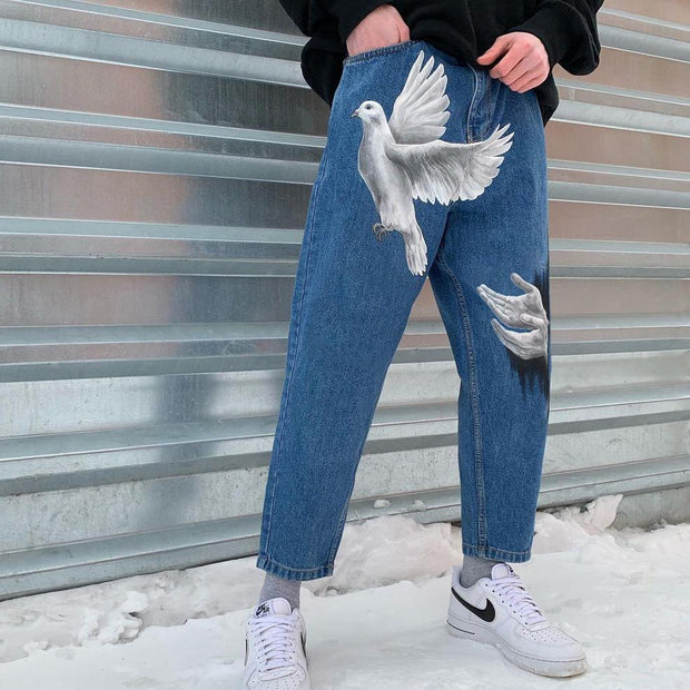 Plaid Personalized Print Fashion Loose Jeans