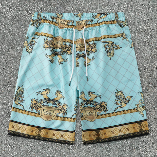 Beach Casual Retro Palace Print Loose Shorts Short Sleeve Suit