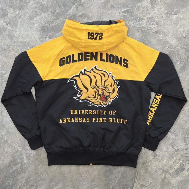 College yellow and black contrast print hooded windbreaker jacket