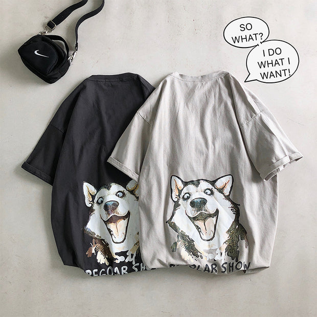 Cartoon Husky Print Loose Casual T-shirt