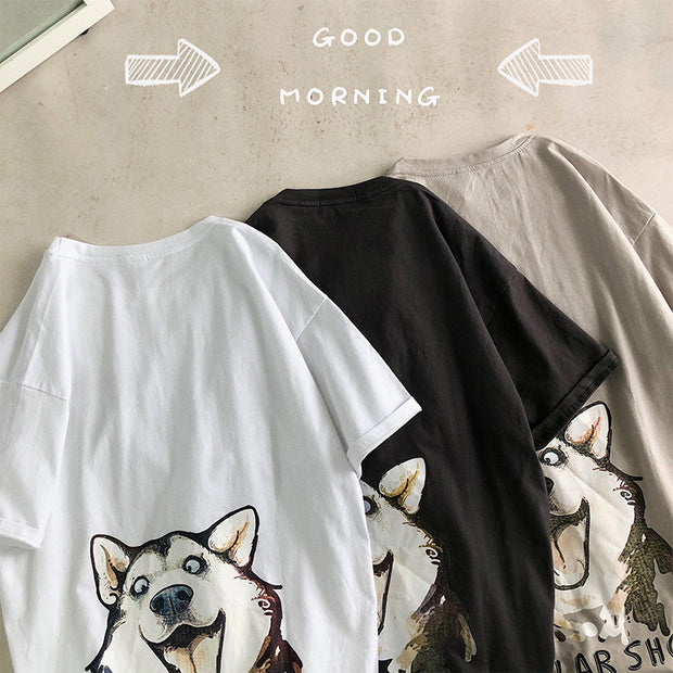 Cartoon Husky Print Loose Casual T-shirt