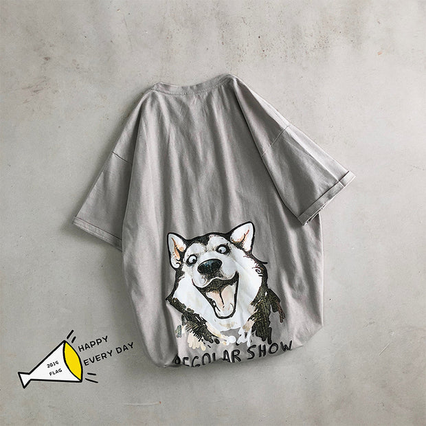 Cartoon Husky Print Loose Casual T-shirt