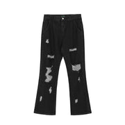 Flared denim trousers with vintage letter embroidery and holes