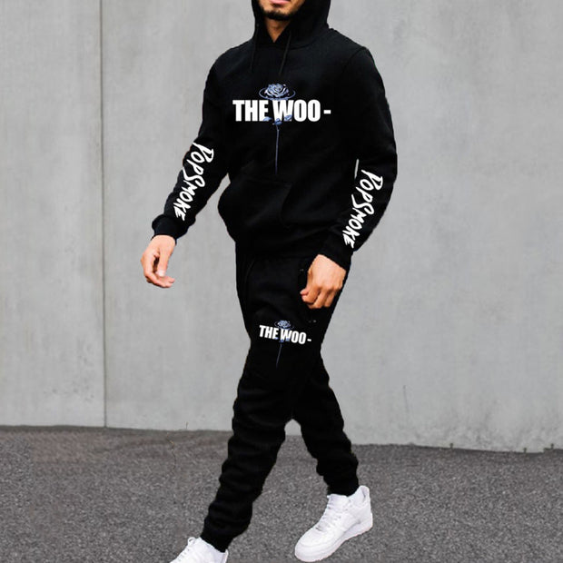 Casual The Woo Print Hoodie And Pants Two Piece Set