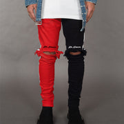 Asymmetric colorblock shredded straight zip jeans