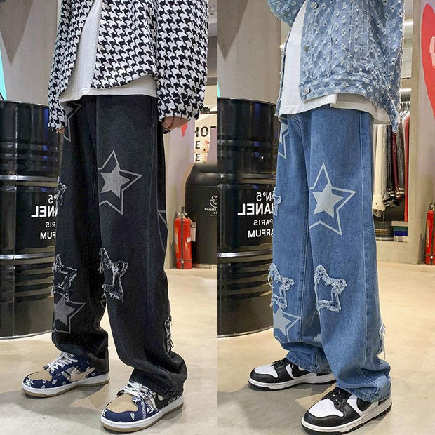 Star patch embroidered straight leg loose retro Hong Kong style ins tide brand jeans