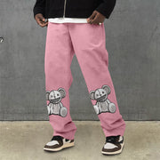 Fashion bear print corduroy street trousers